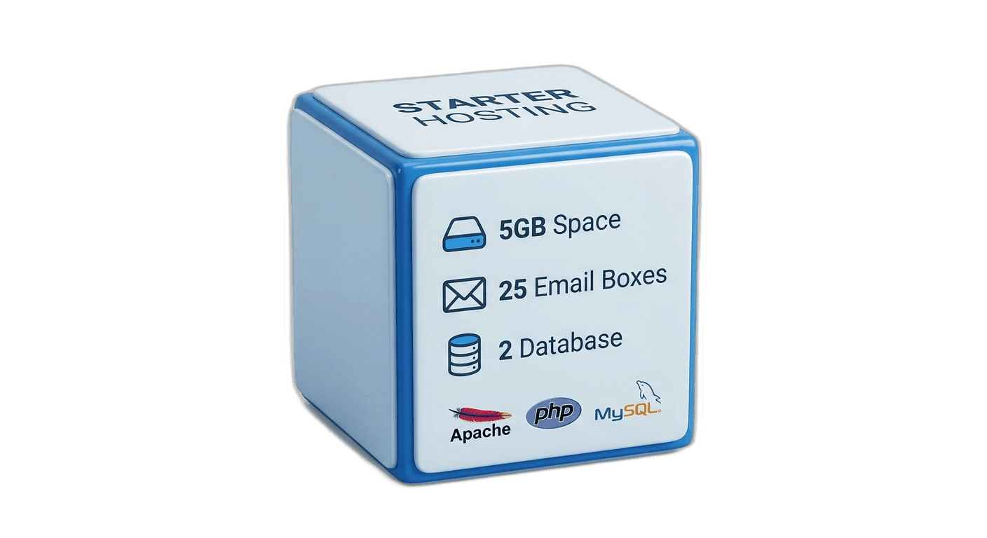 Starter Hosting - 5GB Space, 25 Email Boxes, 2 Database, Apache, PHP, MySQL